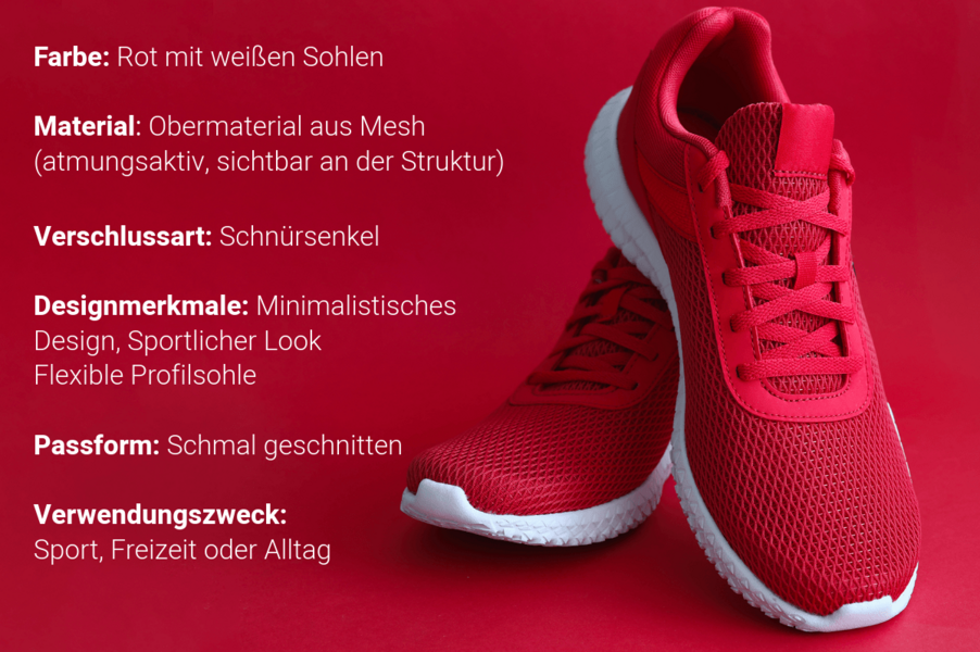 Ein Paar rote Sneaker werden durch KI generierten Produkttext beschrieben.